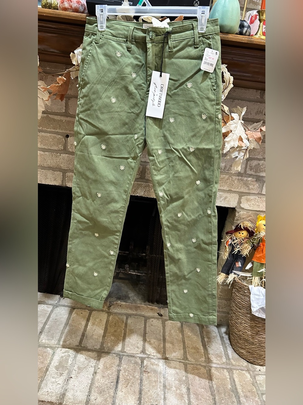 DRIFTWOOD Olive Green Embroidered Jeans EUC